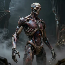 human anatomy in the style of h. r giger, smoke, biomechanical environment, dark, future gothic, hyper - realistic, hdri, dslr photography, hyper realistic, ultra detailed, 8 k, octane render, unreal engine 5 render, depth of field, ambient occlusion, dramatic lighting, subsurface scattering sss, caustic refractions, volumetric fog, strong reflections and refractions, substance designer, cinematic, super detailed, super photoreal