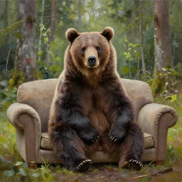 a grizzly bear sitting in a couch in the middle of a forest, oil painting
