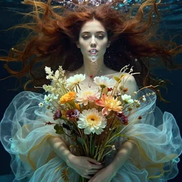 closeup portrait of a beautiful mysterious woman wearing flowing gown, holding a bouquet of flowers, hands disappeared under the bouquet, flowing hair, bubbles from the mouth, underwater, fantasy, regal, intricate, by stanley artgerm lau, greg rutkowski, thomas kinkade, alphonse mucha, loish, norman rockwell