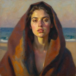 detailed portrait in daring femininity, coastal, statuesque, confident realistic face, warm glow, bathed in morning light, chiaroscuro, painterly, radiosity, impressionism, textiles color medley, warm earthy natural color scheme with contrasting highlights, modern fashion, contemporary art, deep rich hues, oil on canvas