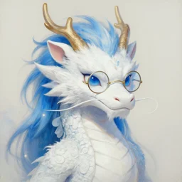 a painting of an anthropomorphic white eastern dragon with blue hair and circular glasses