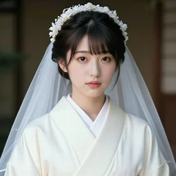 a digital portrait of a japanese girl detailed features wearing a kimono latex suit wedding dress - synthetic materials, by balenciaga and issey miyake by ichiro tanida and mitsuo katsui