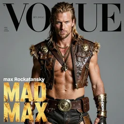 max rockatansky from mad max. studio photo. vogue magazine cover with text. highly detailed