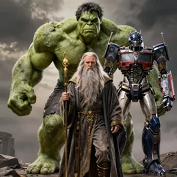 the hulk starring as gandalf in lord of the rings, cybertronian, long shot, cinematography by wes anderson, 4 k octane render, intricate detail, photorealistic, cinematic lighting, artstation