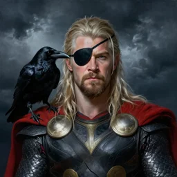 hugh laurie as odin, wearing a eye-patch!, missing an eye, eyepatch, a raven on his shoulder, dark background, stormy clouds, hyperrealistic, very detailed painting by Glenn Fabry, by Joao Ruas, by Artgerm