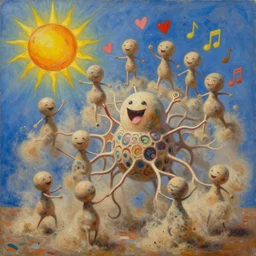 dust evolving into complex neural networks. happy dancing characters, hearts, music 🎼 ( ( ( sun ) ) ), stunning, award - winning masterpiece by marc simonetti and jeffrey smith, oil on canvas, by moebius and basquiat
