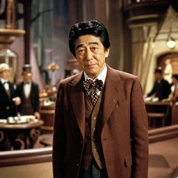 a film still of shinzo abe in willy wonka's chocolate factory 1 9 7 3