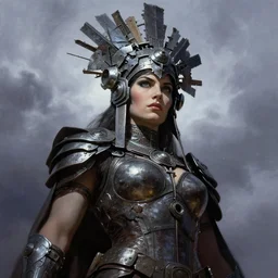 mighty princess of the wasteland, scrap metal headdress, strong line, deep color, cloudy sky, beautiful! coherent! by brom, by frank frazetta, low angle