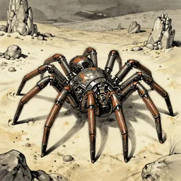 A steampunk giant mechanical spider roaming a magical dessert, fantasy portrait, D&D, sketch, character study, Katsuhiro Otomo, Moebius, Noah Bradley, hiroshi yoshida, Dan mcpharlin, Peter Mohrbacher, Druillet,tsutomu nihei, manga style, dark, artstation, 8k, lineart