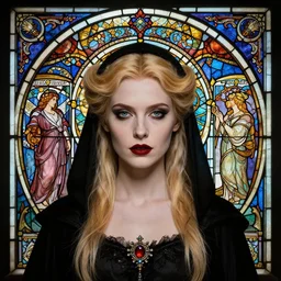 masterpiece head-on symmetrical centered portrait, Portia Doubleday as a Gothic Templar, blonde hair, gothic stained glass style, tarot card style, elegant, distant, in the style of Edgar Maxence and Ross Tran and Zdzisław Beksiński and Michael Whelan and Mucha and Gustave Doré, specular highlights, 8k, octane render