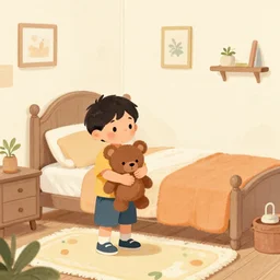 little kid in his room holding teddy bear in style of kids book illustration