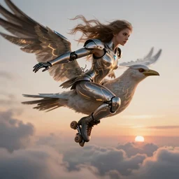 biblical shy beautiful female mecha mage valkyree android on a bird, jump, rollerblades, heavy eyes to the side, closeup, bright glowing veins, in clouds, sunset, portrait, by gerald brom, by mikhail vrubel, by peter elson, muted colors, extreme detail, reflections, trending on artstation, 8 k