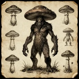 humanoid mushroom monster, dark, old paper, character detailed sheet, dnd character