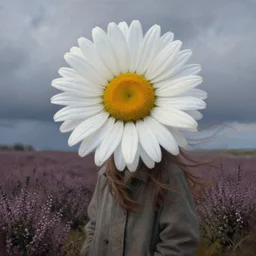 portrait, enormous daisy flowers head, a girl wearing coat in heather field, surreal photography, wind and cold, dramatic sky, impressionist painting, digital painting, artstation, simon stalenhag