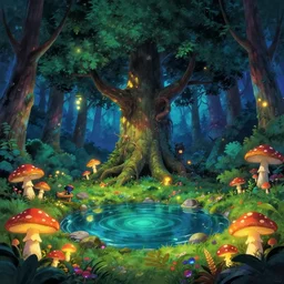 a sanctuary in an enchanted forest, large tree in the middle!!, pond!!, night!!!, mushrooms!!, glowing! lights, epic fantasy, colorfully, digital art, highly saturated colors, concept art, detailed illustration, hd, 4 k, digital art, greg rutkowski, dan mumford, studio ghibli trending on artstation