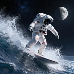astronaut surfing a surfboard on a sparkly crashing wave of stardust in space, background is a moon in nebula, octane render, unreal engine, wide view, 8 k, highdetaild
