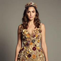 fine art photo of the beauty gal gadot, she has a crown and a dress made of dried flowers done by oleg oprisco