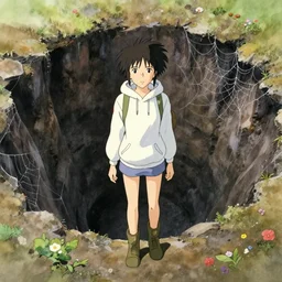 anime movie scene, mamoru oshii, otomo, ultra wide, vanishing point, hoody woman explorer, watercolor, crator, sinkhole, spiderwebs, flowers, billboards, sun beam, dusty volumetric lighting, rim light, paper texture, puddles, deserted shinjuku junk, brutalist, telephone pole, yellow, red