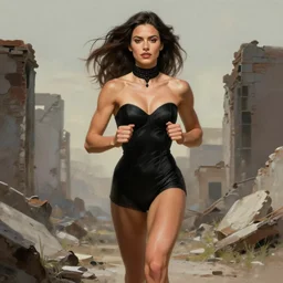 portrait of muscled Mila Kunis jogging through ruins, wearing intricate black choker, elegant, highly detailed, centered, digital painting, artstation, concept art, smooth, sharp focus, illustration, artgerm, donato giancola, Joseph Christian Leyendecker, WLOP, Boris Vallejo, Artgerm