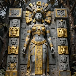 beautiful aztec inca woman colossus full body well proportioned in tunic stands among trees by eddie mendoza hyperrealism cyborgess expressive dramatic symmetrical very very detailed giger beksinski grey and gold