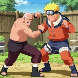 naruto fighting old man, backyard wrestling, intricate complexity, extremely detailed, very sharp,