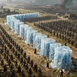 powerful thick icewall in the middle of an open medieval battlefield, two medieval armies, highly intricate details, trending on artstation, cgsociety, 8 k, cinematic, unreal engine, octane render, illustration digital painting, sharp focus, art by wlop and greg rutkowski, rule of thirds, golden ratio, ambient lighting