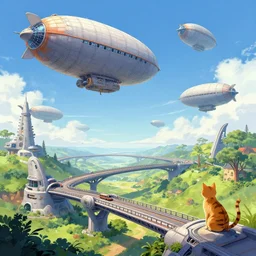 landscape of a cat world, futuristic bridges, giant steampunk airships float in the sky. by bruce pennington, by shaun tan. vibrant color