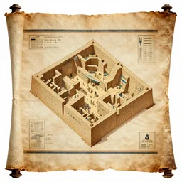 ancient egyptian scroll with a painting of an isometric dungeon map