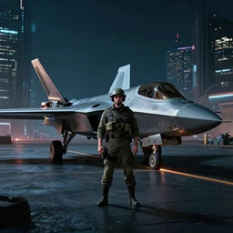 fighter pilot stands beside futuristic sci fi fighter jet landed at runway of cyberpunk city, night photo ,dark cinematic lighting , digital concept art