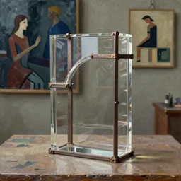handmade clear plaxiglass sculpture with welded metal, in a painting made by nate boyce, painting by kay sage, by yves tanguy, digital sculpture, highly detailed, soft lighting, rendered in octane, oil on canvas