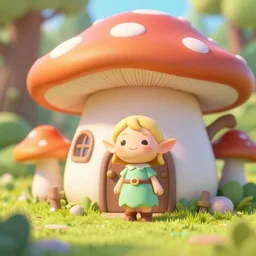 a little happy wood elf standing outside a cute mushroom house in the forest, sun light, macro photo, pastel colors, colorful, sidefx houdini vfx mantra render