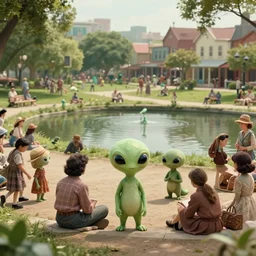 sharp, highly detailed, film from a 2 0 1 9 sci fi 8 k movie, set in alternate 1 9 5 0, in a world where cute humanoid aliens live along side humans, a busy day in a park in a small town, a small lake in the middle of the park, wearing 1 9 5 0 s clothes, atmospheric lighting, in focus, reflective eyes, 3 5 mm macro lens, live action, nice composition