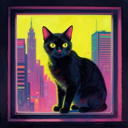 cybercat in window | cyberpunk cityscape by james warhola