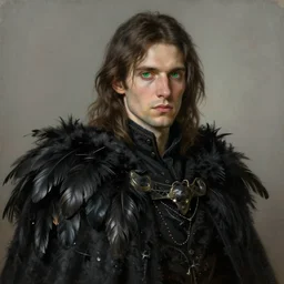 portrait painting of a green eyed man with shoulder length hair wearing a tattered black feather cloak and coat, sharp focus, award - winning, trending on artstation, masterpiece, highly detailed, intricate. art by rebecca guay