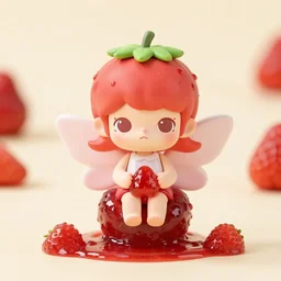 a femo figurine of a cute funny strawberry fairy sitting made of strawberry jam