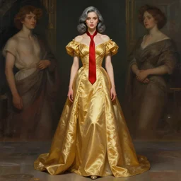 julia fox wearing a golden dress, grey hair, red necktie, cinematic, stunning, highly detailed, digital painting, artstation, smooth, hard focus, full body shot, illustration, art by artgerm and greg rutkowski and alphonse mucha