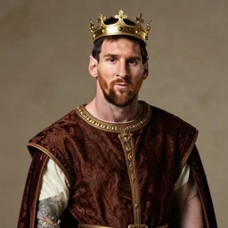 an elegant medieval portrait of leonel messi proudly standing with golden crown over his head, accurately detailed eyes and body structure, studio lighting, global illumination, sharp focus, golden ratio, accuracy, intricate details, 8 k, octane render, cinematic, in a mixed style of caravaggio and da vinci