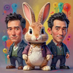 stylish colourful caricature - 3 d vfx art - of a bunny, art style by zdzisaw beksinski, tadanori yoko & hsiao - ron cheng, character concept art, unreal engine render, digital illustration, sharp, intricate detail, volumetric light, ray tracing, soft light, claymation style, symmetric, acrylic on canvas, pinterest, artstation,