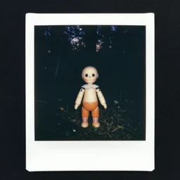 an eerie polaroid photograph of a ventriloquist dummy standing in the forest, nighttime, dimly lit, creepy