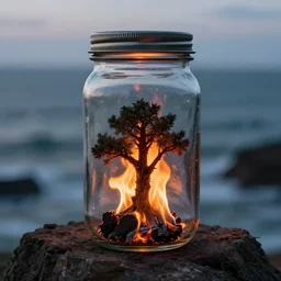 glass jar with a burning tree inside, standing on a cliff, bokeh, ocean in the background, metal lid, dramatic lighting, ember, small flames, hyperrealistic, volumentric lighting, highly detailed