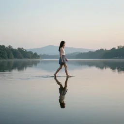 concept photography. woman walking on still lake. reflections. serene.