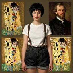 a woman with black hair pixie cut in shorts with suspenders drawn by gustave caillebotte, norman rockwell, frank frazetta, peter paul rubens, alphonse mucha, gustav klimt 4 k, unreal 5, daz, french noveau, trending on artstation, octane render, hyperrealistic