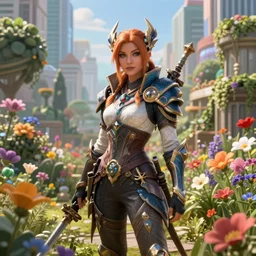 A flower garden in a megacity style portrait painting of an human female rogue world of warcraft, unreal 5, DAZ, octane render, hypercomplex, ambient light, dynamic lighting, nvidia,