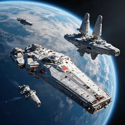 fleet of massive spaceships over a planet in space, 4 k, cgi cutscene, movie scene, detailed, photorealistic