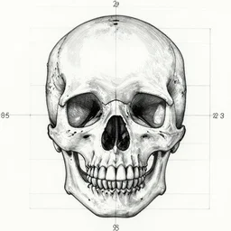 a blueprint drawing of a human skull centered composition
