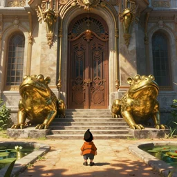 establishing shot, cinematic, character dwarfed by colossal brass toad statues, animation key shot of the great temple, ultra wide, door, stone steps, symmetrical statues, sunlight, ornate, rust, art deco, european, versailles, garden pond with gold lily pads, by the best artist, fantastic architecture, dry, dusty, dappled sunlight