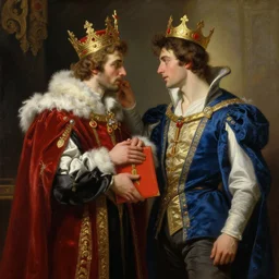 attractive fully clothed king confesses his love for his attractive fully clothed male prince. highly detailed painting by gaston bussiere, craig mullins, tom bagshaw,