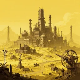 beautiful steampunk landscape, industrial city, matte painting, yellow colors