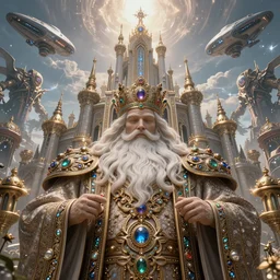 symetrical highly detailed ornate with jewels and precious metals majestic, sandman kingdom, close up in the bg entrance castle kingdom of dreams, space ships, futuristic, land of advanced races, giants, hiperrealistc, global illumination, radiant light, detailed and intricate environment. art by oleg oprisco, 8 k