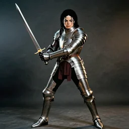 michael jackson in full plate mail, holding sword, ready for combat, dramatic, cinematic lighting, film still